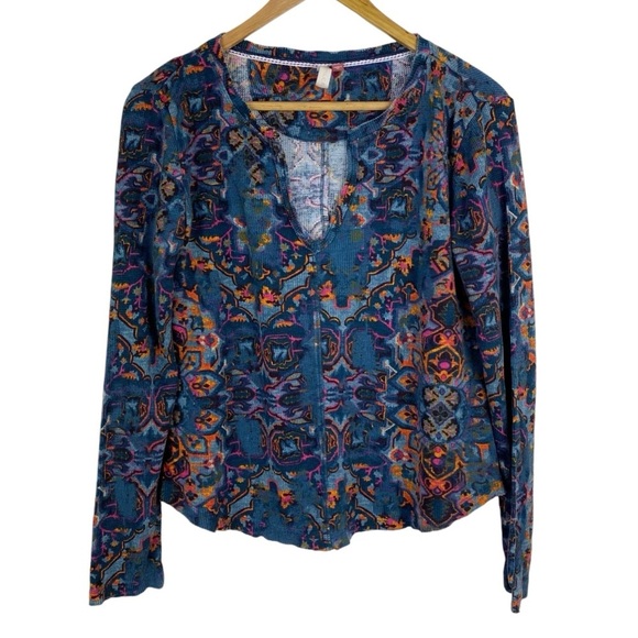 PILCRO Anthropologie Thermal Waffle Knit Split Neck Pullover Shirt Top Sz S Blue - Picture 3 of 11